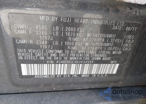 2011 Subaru Outback 2.5I Premium z USA, uszkodzony, nr VIN 4S4BRBGCXB3434594